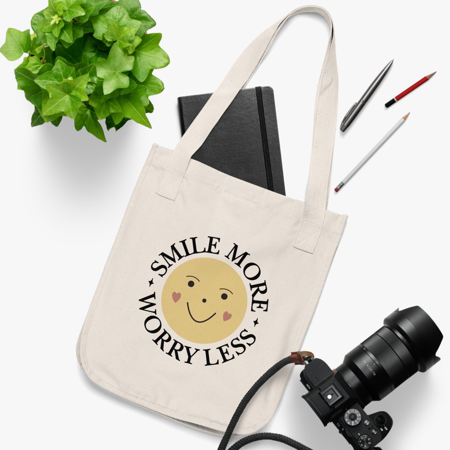 Organic Canvas Tote Bag Smile More, Worry Less